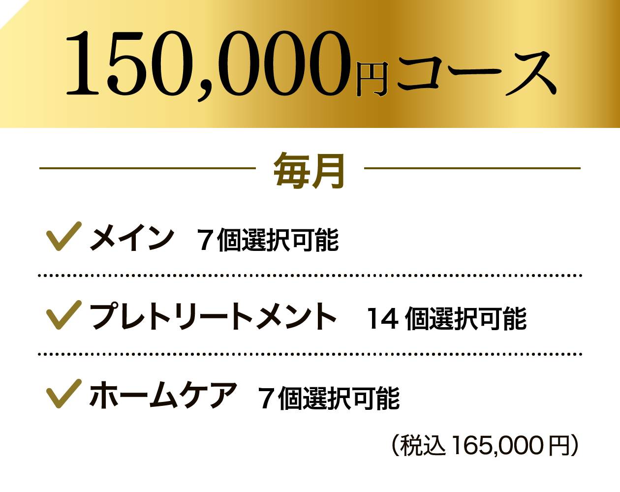 150,000円コース　毎月・メイン7個選択可能・プレトリートメント14個選択可能・ホームケア7個選択可能(税込：165,000円)