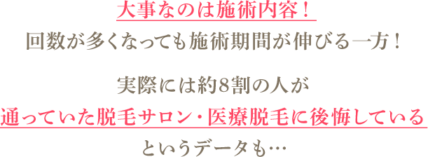 大事なのは施術内容！回数が多くなっても施術期間が伸びる一方！実際には約8割の人が通っていた脱毛サロン・医療脱毛に後悔しているというデータも...